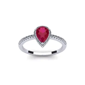 1 Carat Pear Shape Ruby And Halo Diamond Ring In 14 Karat White Gold