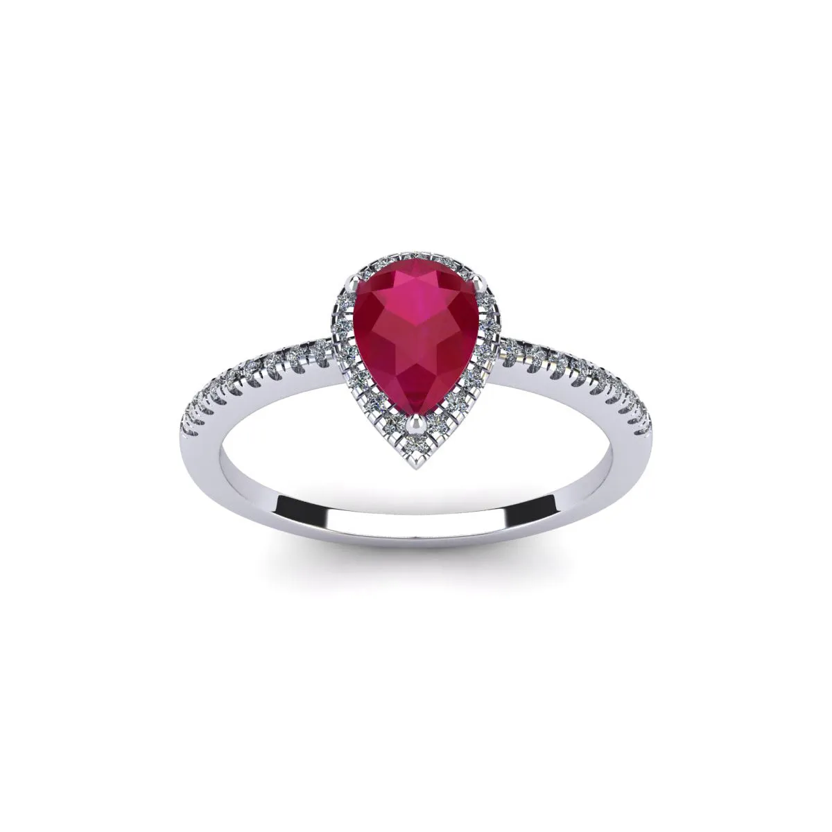 1 Carat Pear Shape Ruby And Halo Diamond Ring In 14 Karat White Gold