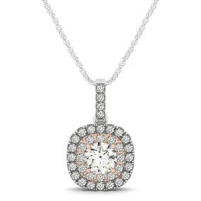 14k White And Rose Gold Cushion Shape Halo Diamond Pendant (1/2 cttw)