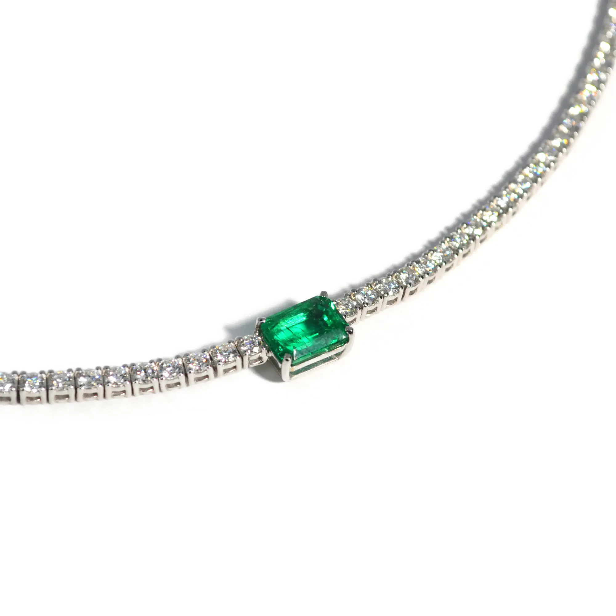 AFJ Diamond Collection - Diamond and Emerald Riviere Necklace, 18k White Gold