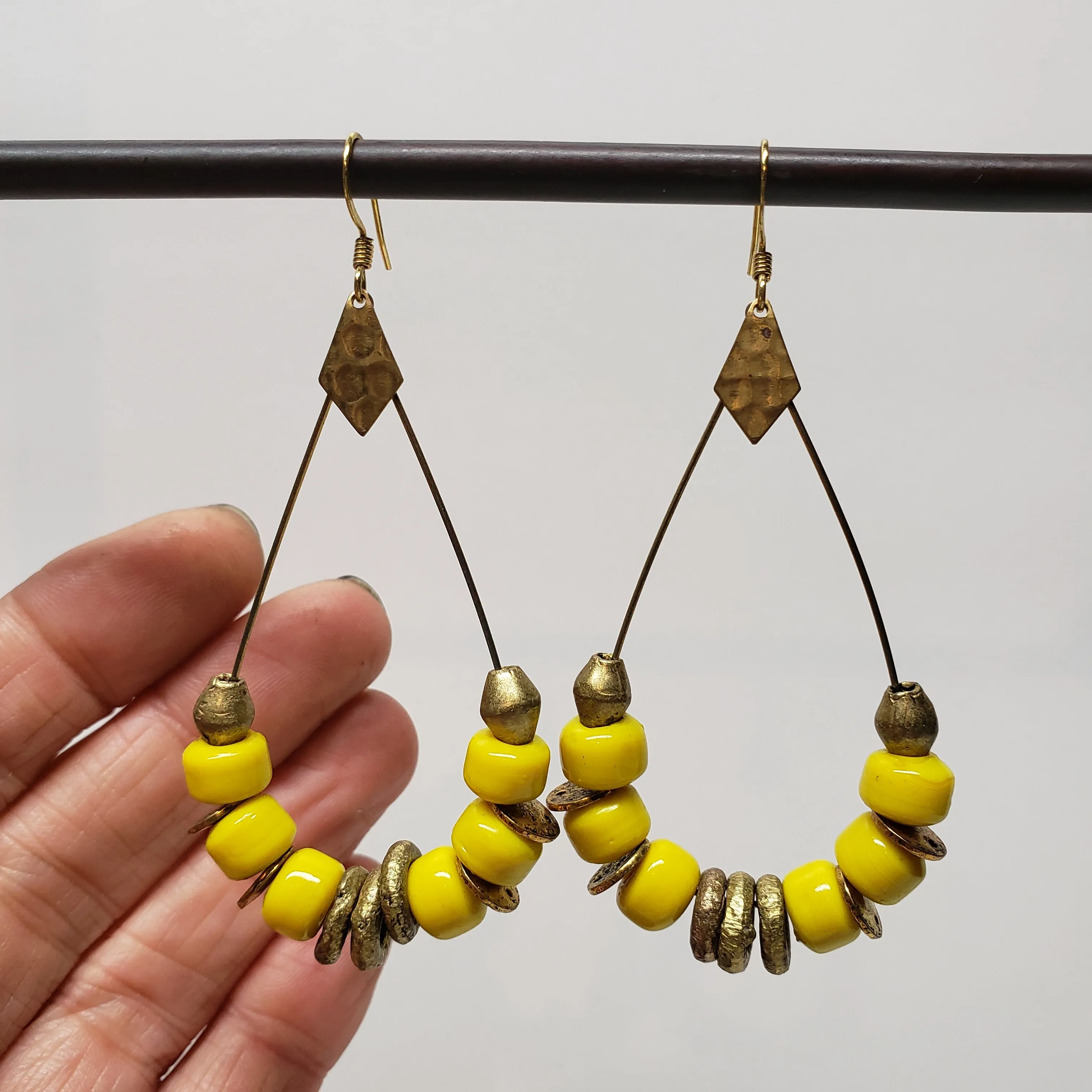 African Brass Teardrop Hoop Earrings - Yellow