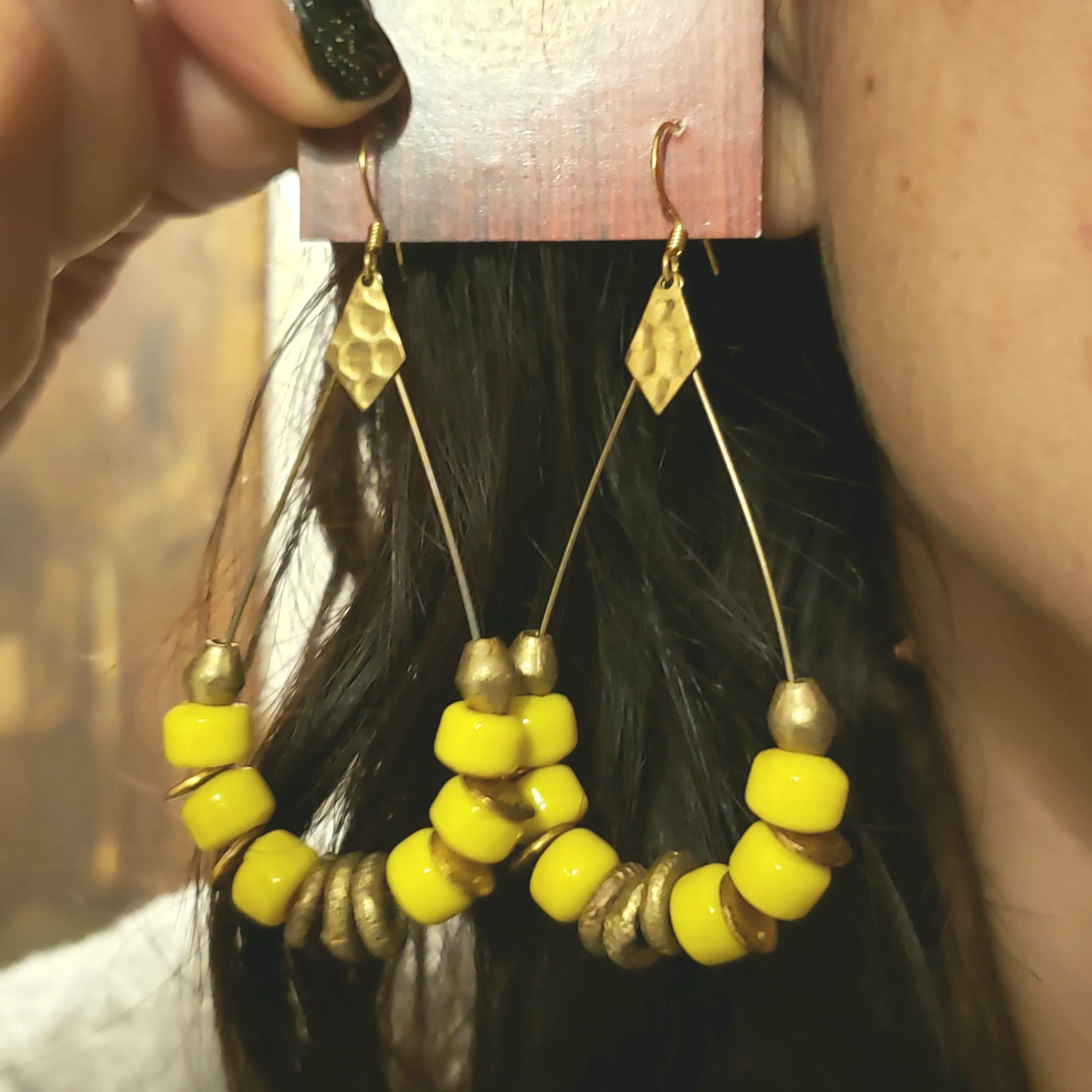 African Brass Teardrop Hoop Earrings - Yellow