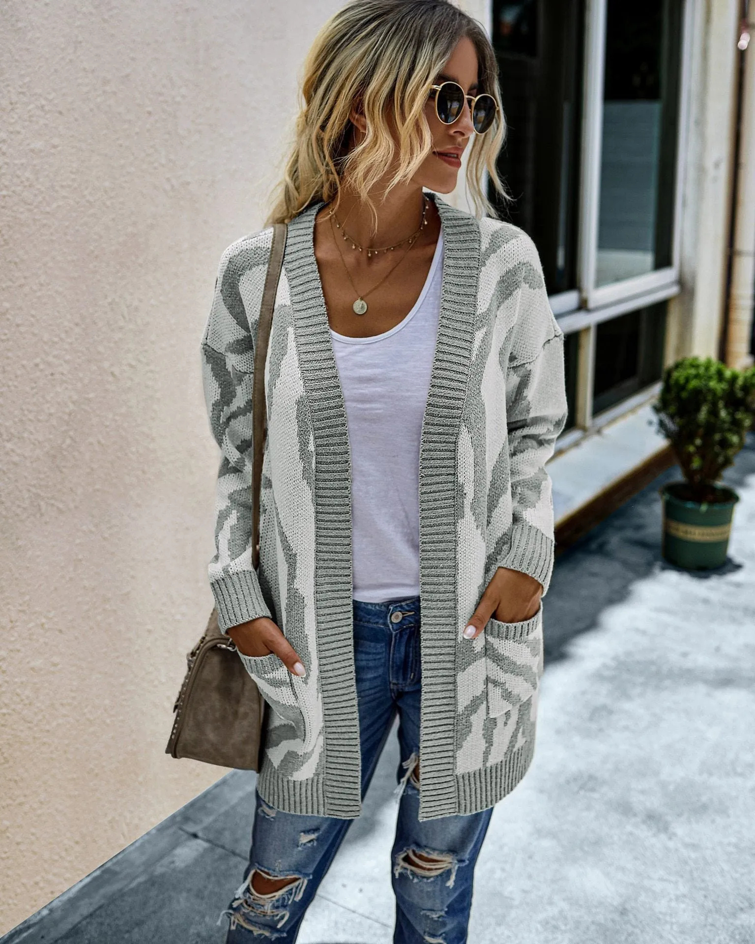 Autumn Khaki Long Sleeve Knitted Loose Women's Cardigan Sweater