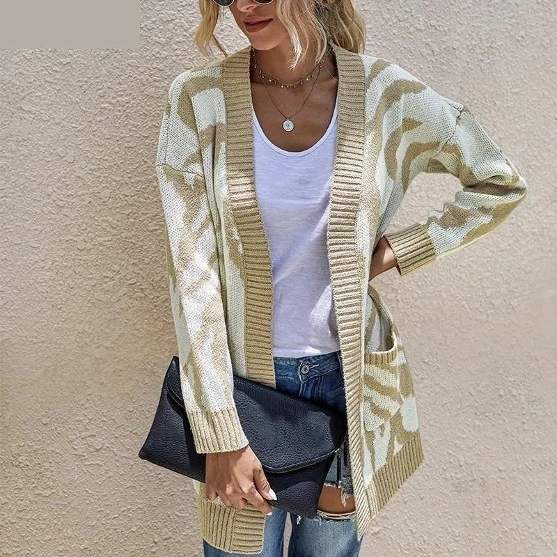 Autumn Khaki Long Sleeve Knitted Loose Women's Cardigan Sweater