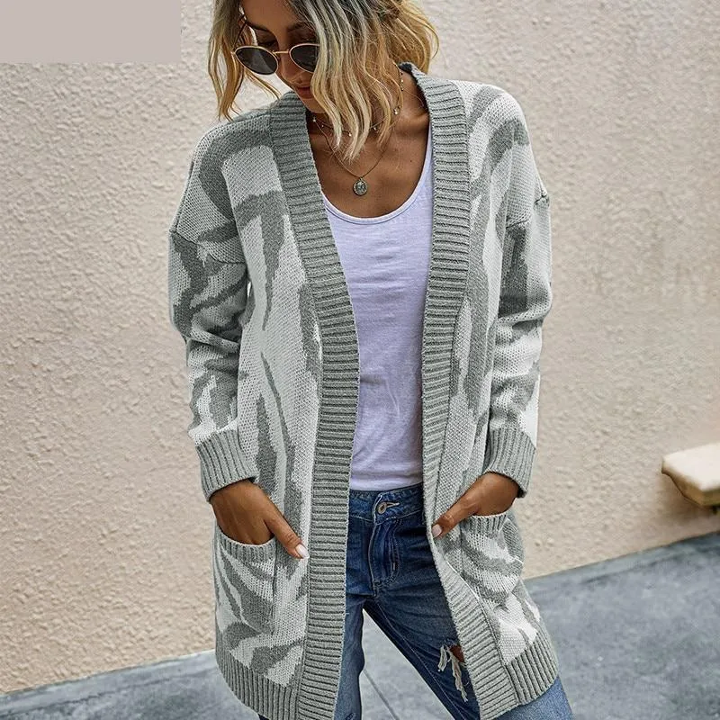 Autumn Khaki Long Sleeve Knitted Loose Women's Cardigan Sweater