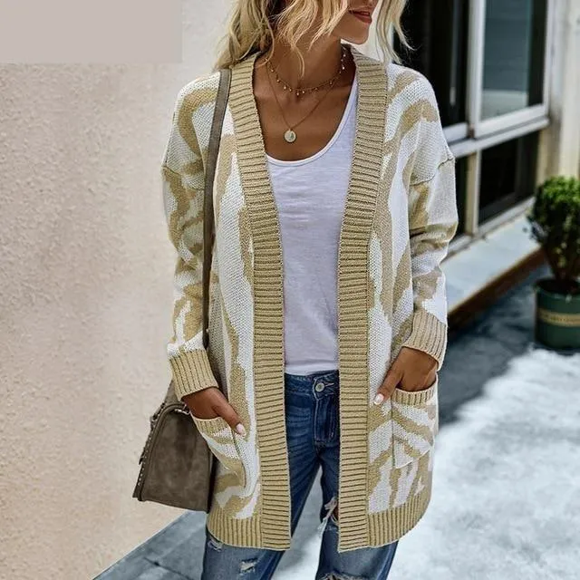 Autumn Khaki Long Sleeve Knitted Loose Women's Cardigan Sweater