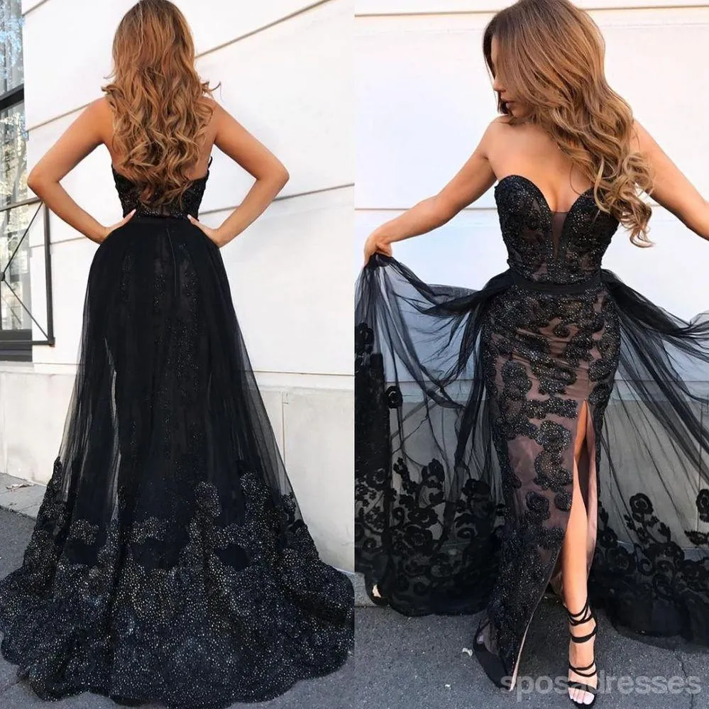 Black Mermaid Sweetheart V-neck High Slit Cheap Long Prom Dresses,12851