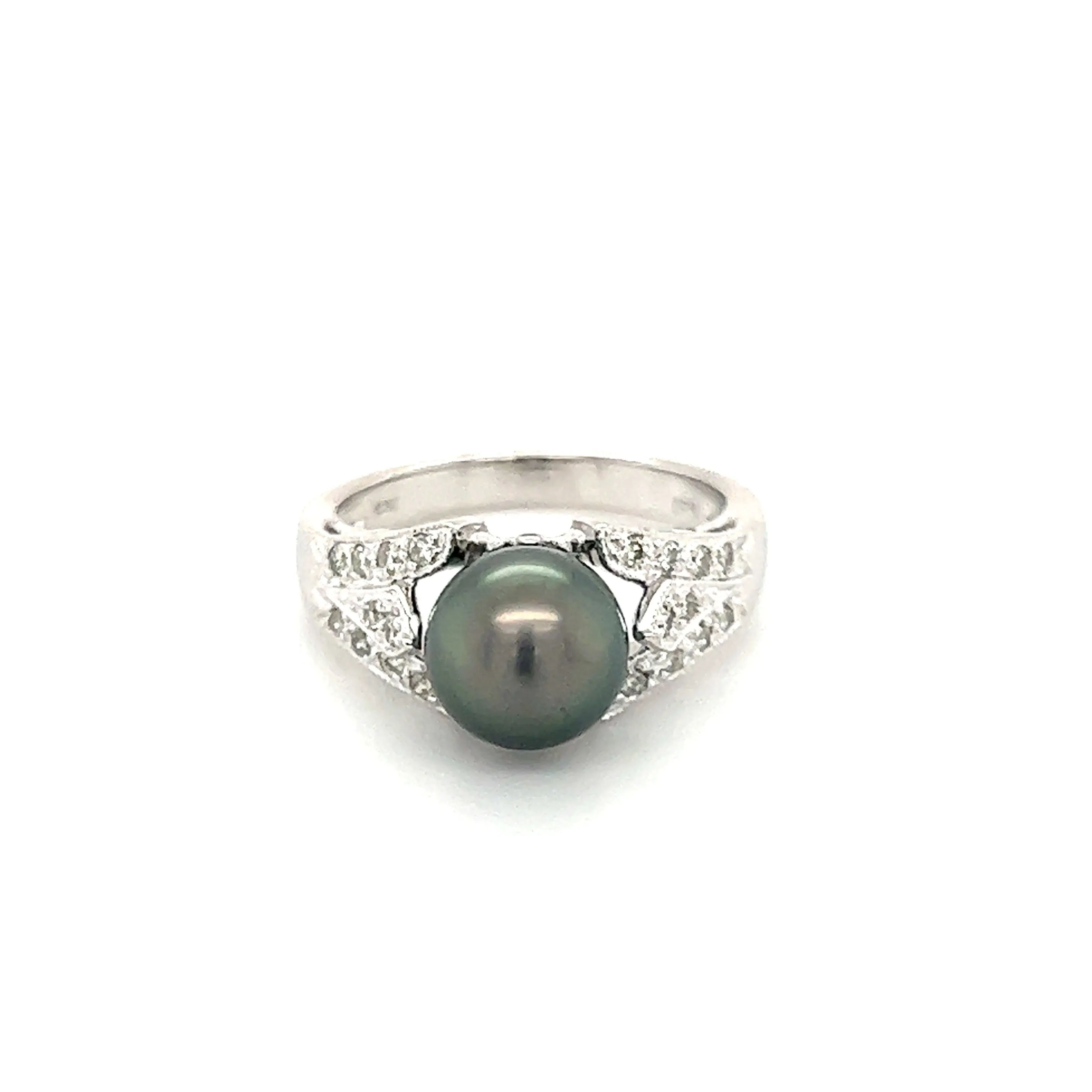 Black Pearl Ring with Twenty Diamonds in 14K White Gold