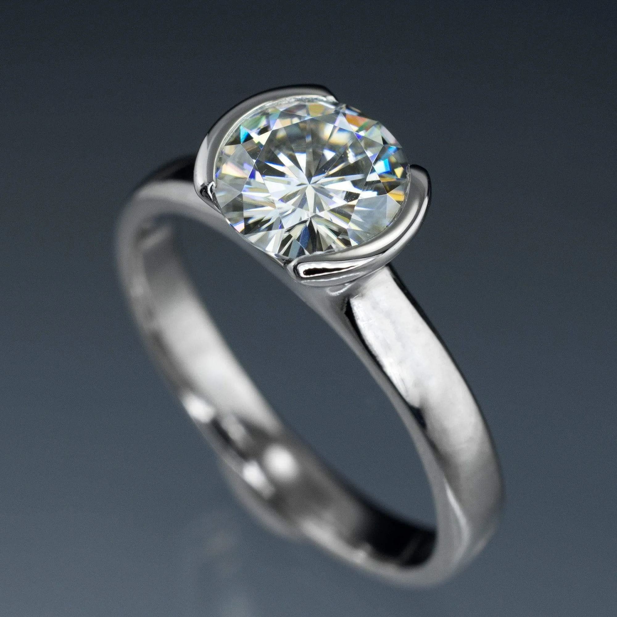 Brilliant Cut Round Moissanite Half Bezel Solitaire Engagement Ring