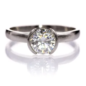 Brilliant Cut Round Moissanite Half Bezel Solitaire Engagement Ring