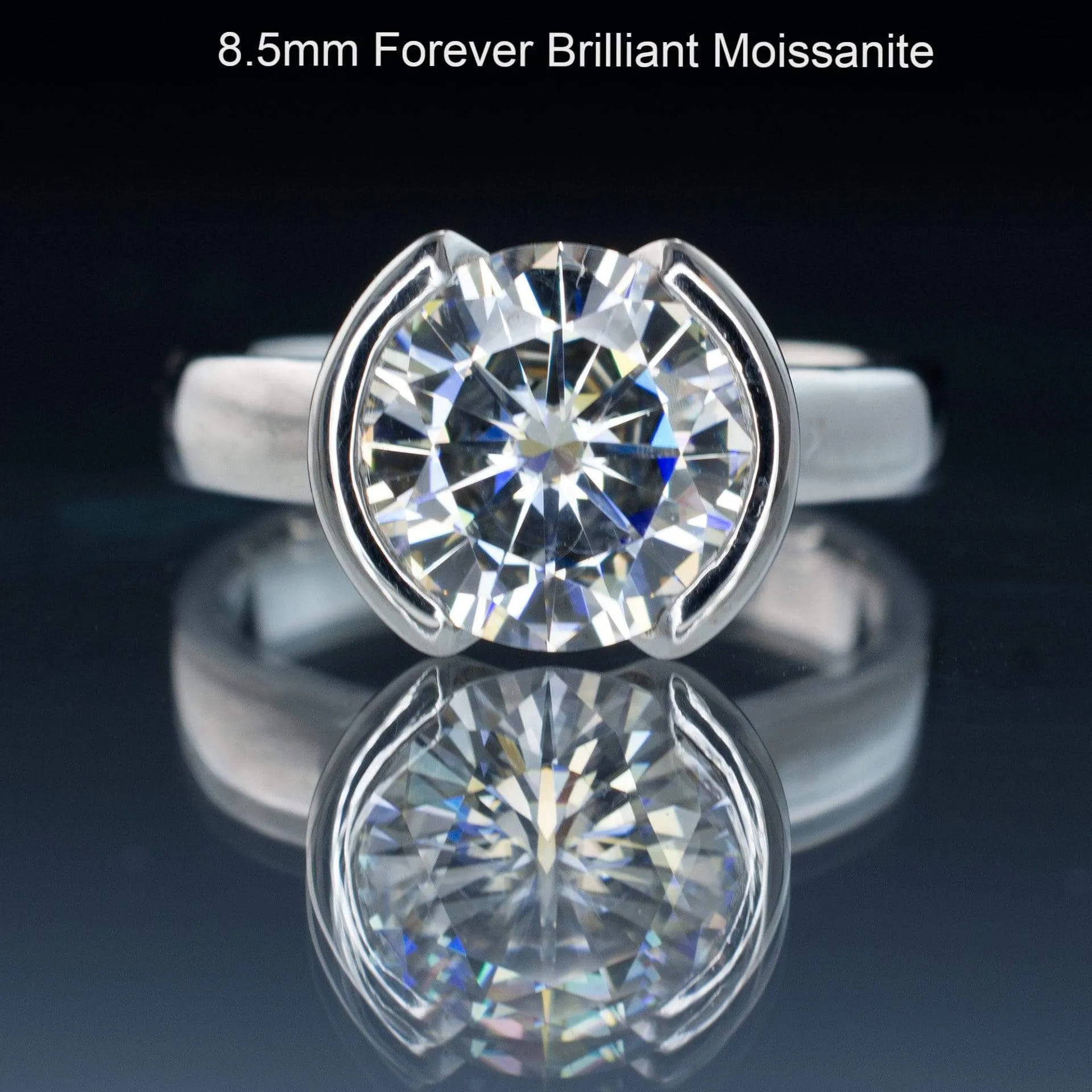 Brilliant Cut Round Moissanite Half Bezel Solitaire Engagement Ring