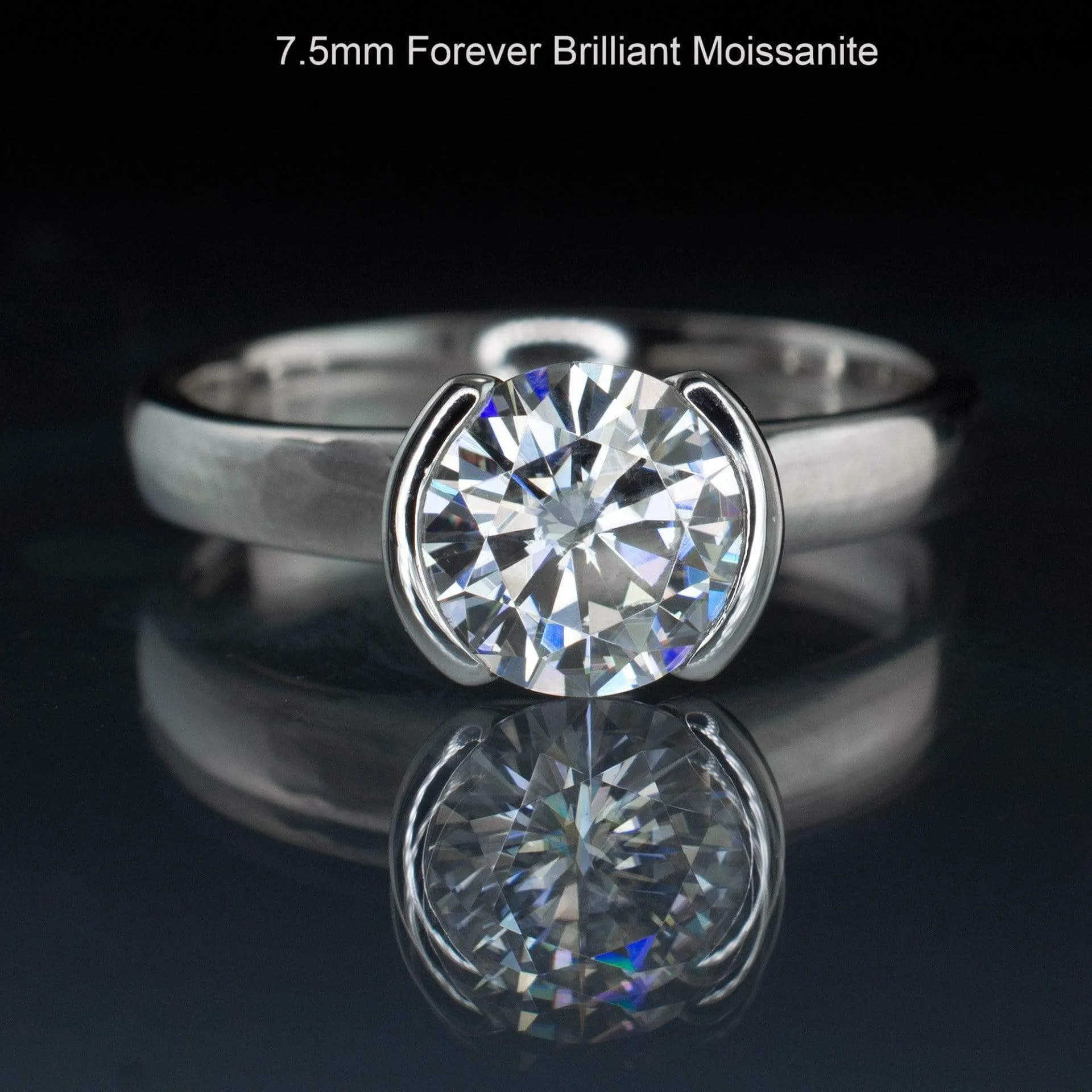 Brilliant Cut Round Moissanite Half Bezel Solitaire Engagement Ring