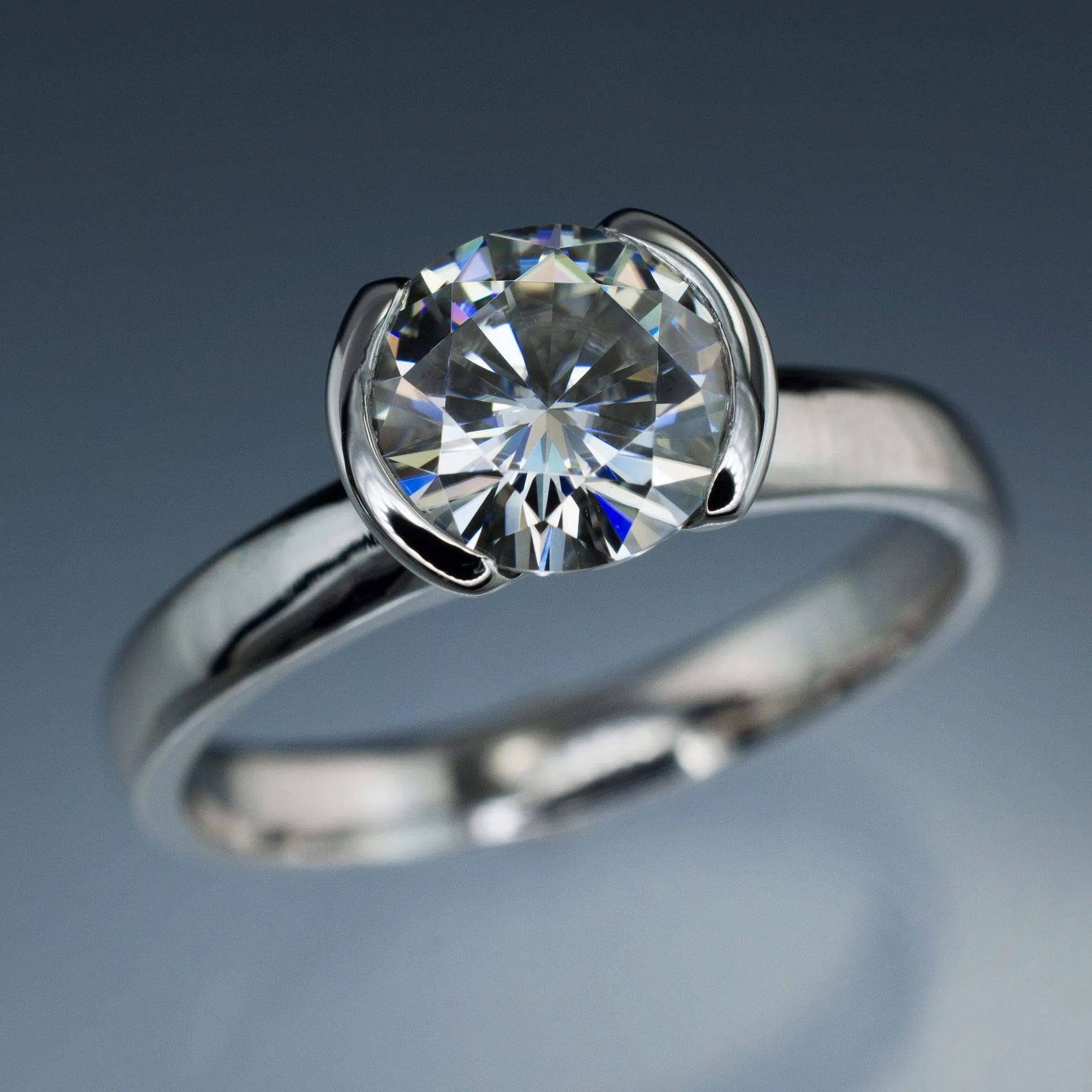 Brilliant Cut Round Moissanite Half Bezel Solitaire Engagement Ring