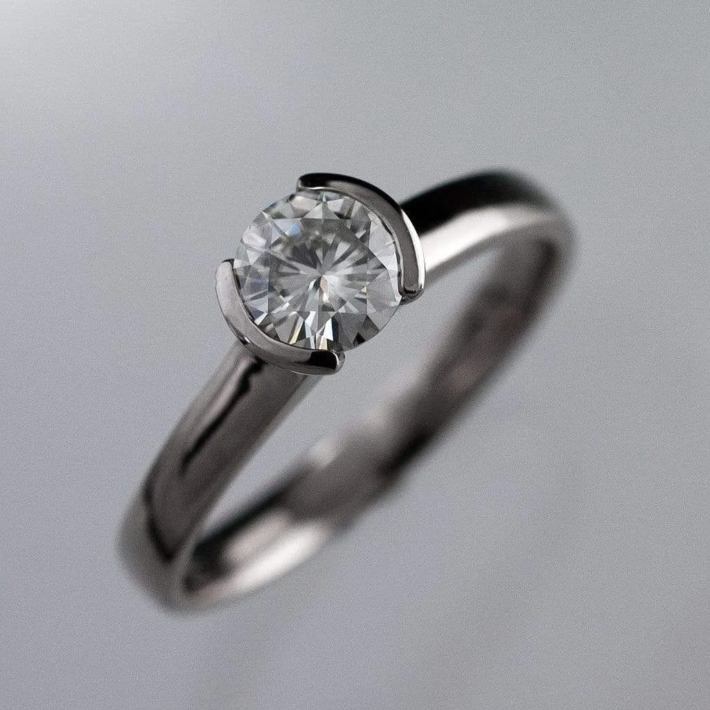 Brilliant Cut Round Moissanite Half Bezel Solitaire Engagement Ring