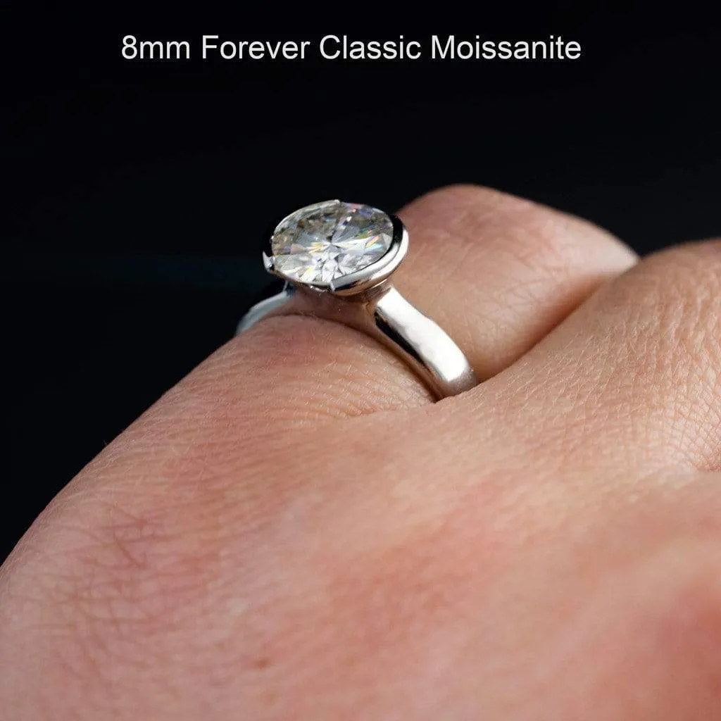 Brilliant Cut Round Moissanite Half Bezel Solitaire Engagement Ring