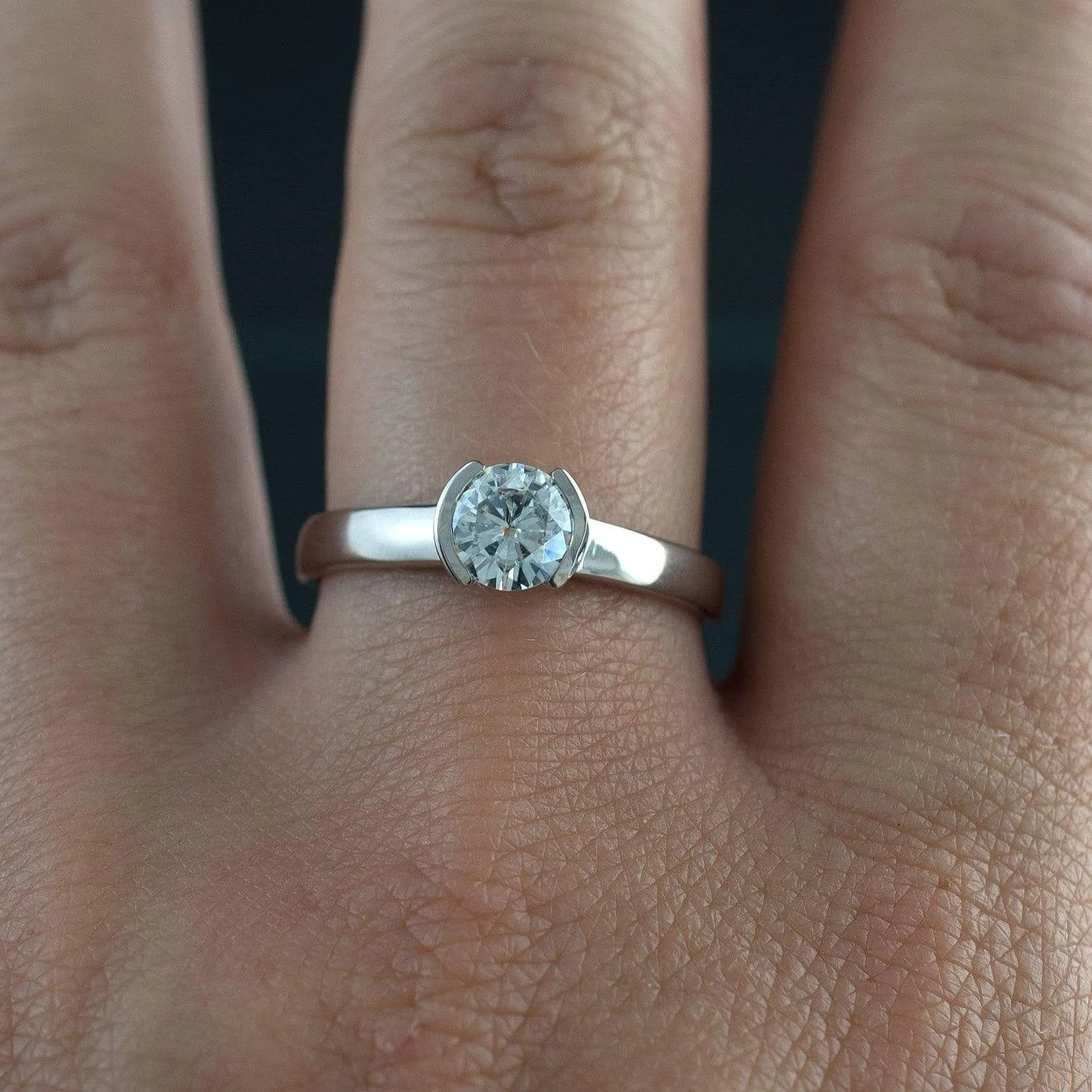 Brilliant Cut Round Moissanite Half Bezel Solitaire Engagement Ring