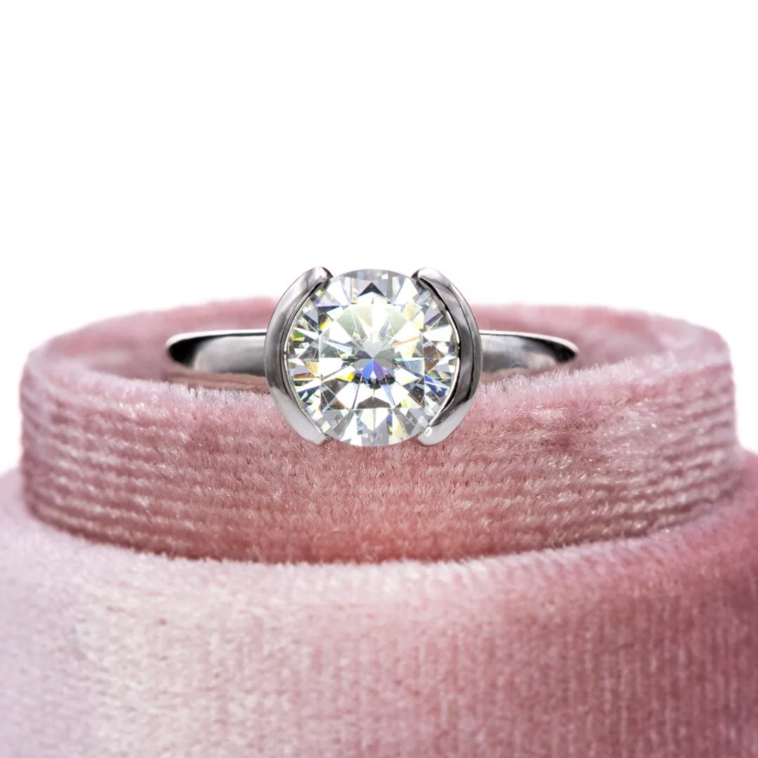 Brilliant Cut Round Moissanite Half Bezel Solitaire Engagement Ring