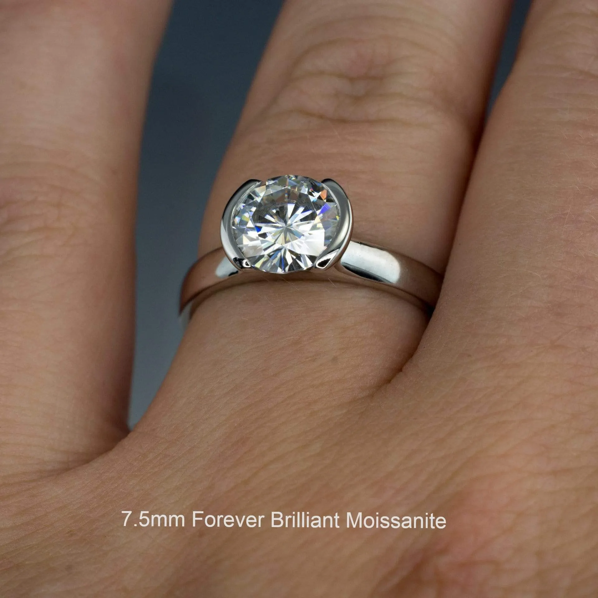 Brilliant Cut Round Moissanite Half Bezel Solitaire Engagement Ring