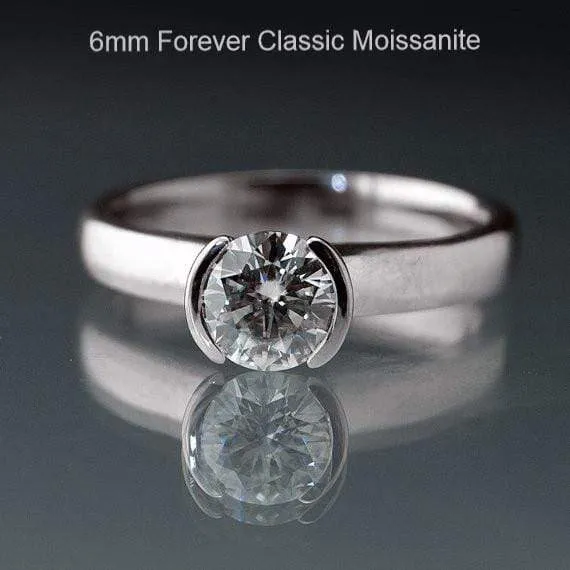 Brilliant Cut Round Moissanite Half Bezel Solitaire Engagement Ring