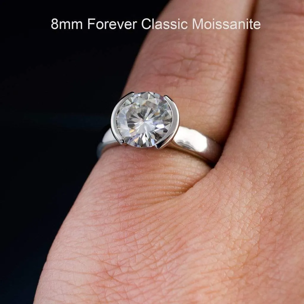 Brilliant Cut Round Moissanite Half Bezel Solitaire Engagement Ring