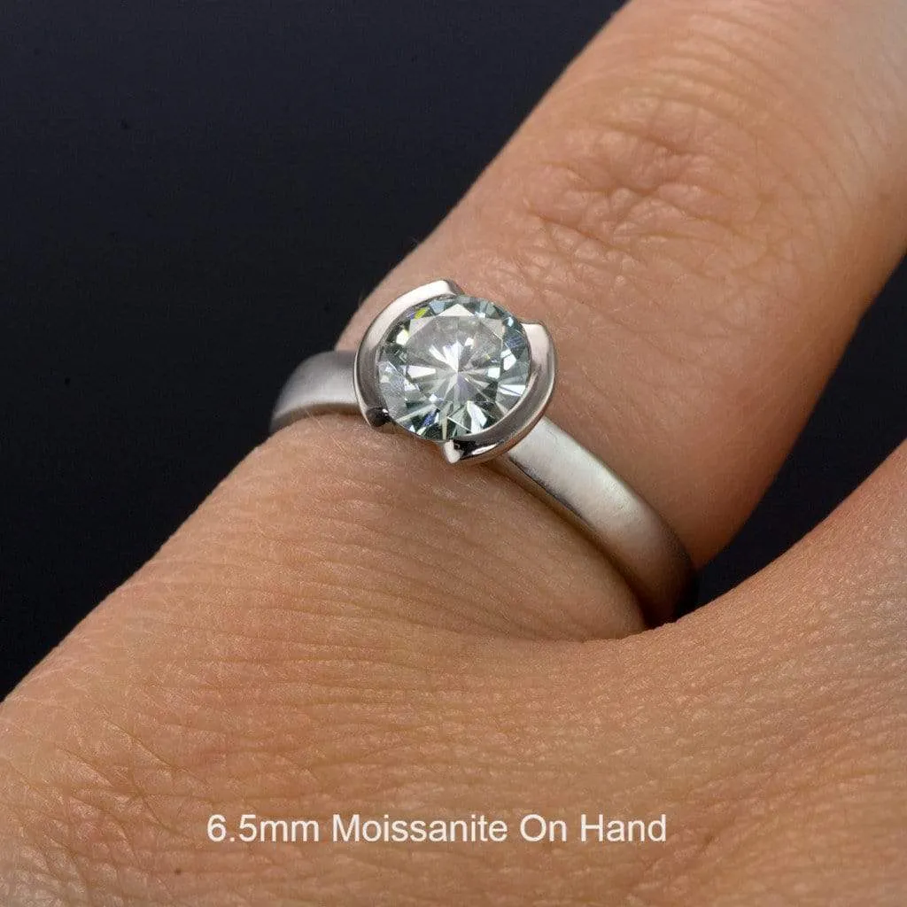 Brilliant Cut Round Moissanite Half Bezel Solitaire Engagement Ring