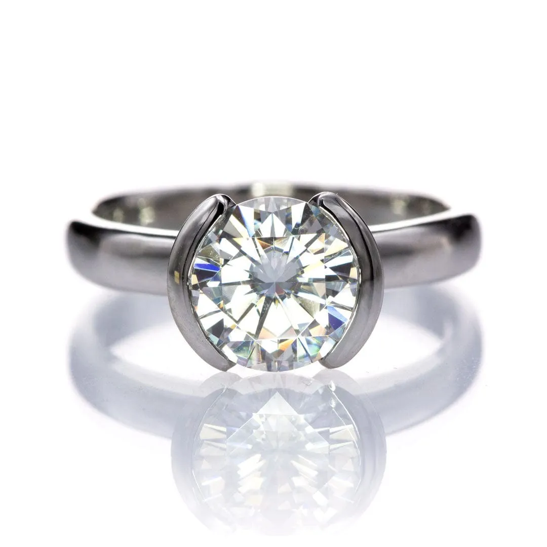 Brilliant Cut Round Moissanite Half Bezel Solitaire Engagement Ring