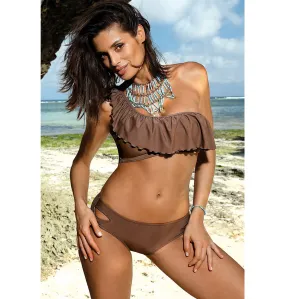 Brown One Shoulder Swimsuit with Ruffles