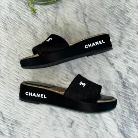 Chanel Black Satin CC Espadrille Slide Sandals