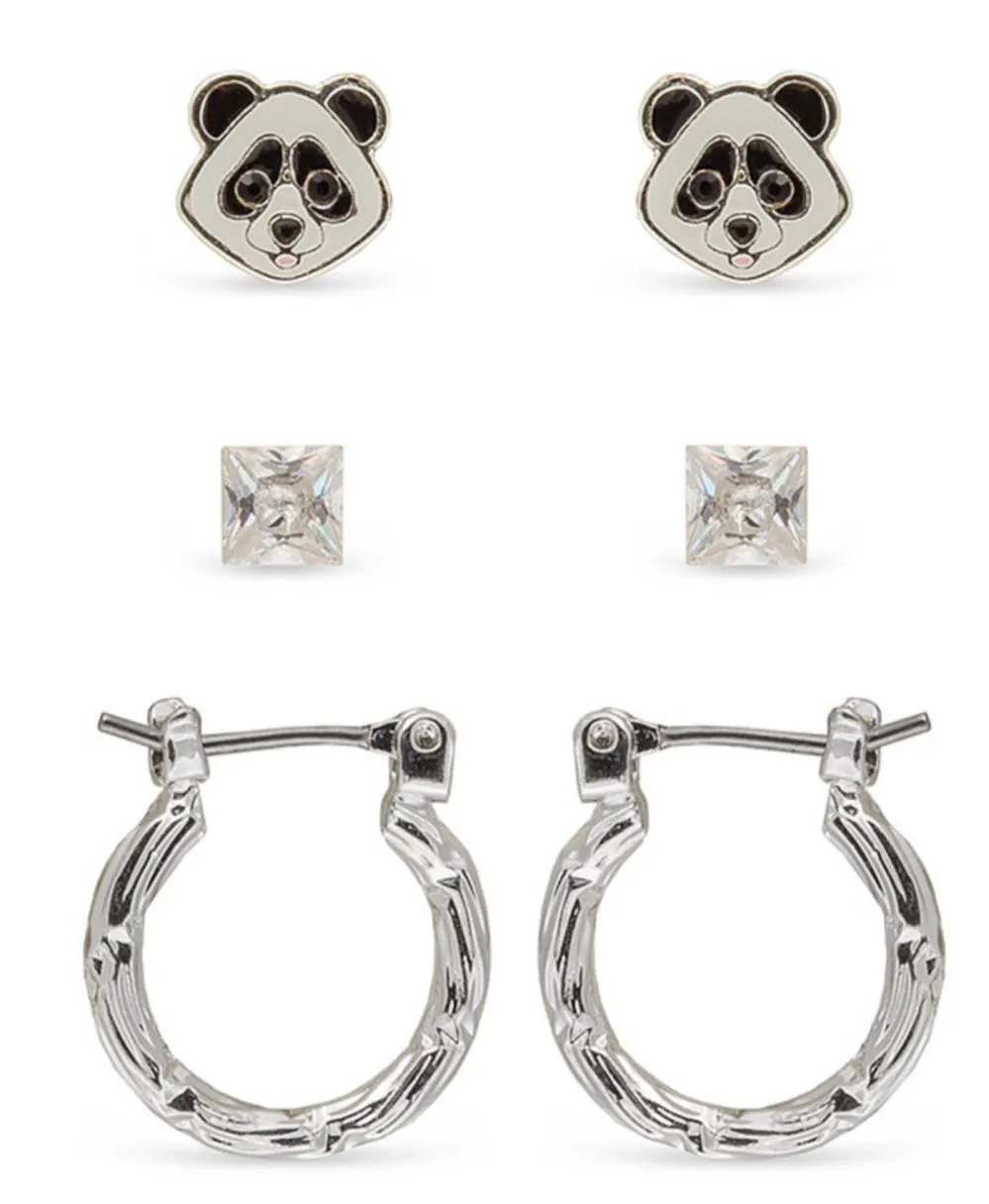 Ear Sense Earring FT-332 Panda, Silver Ball Stud and Silver Hoop Trio