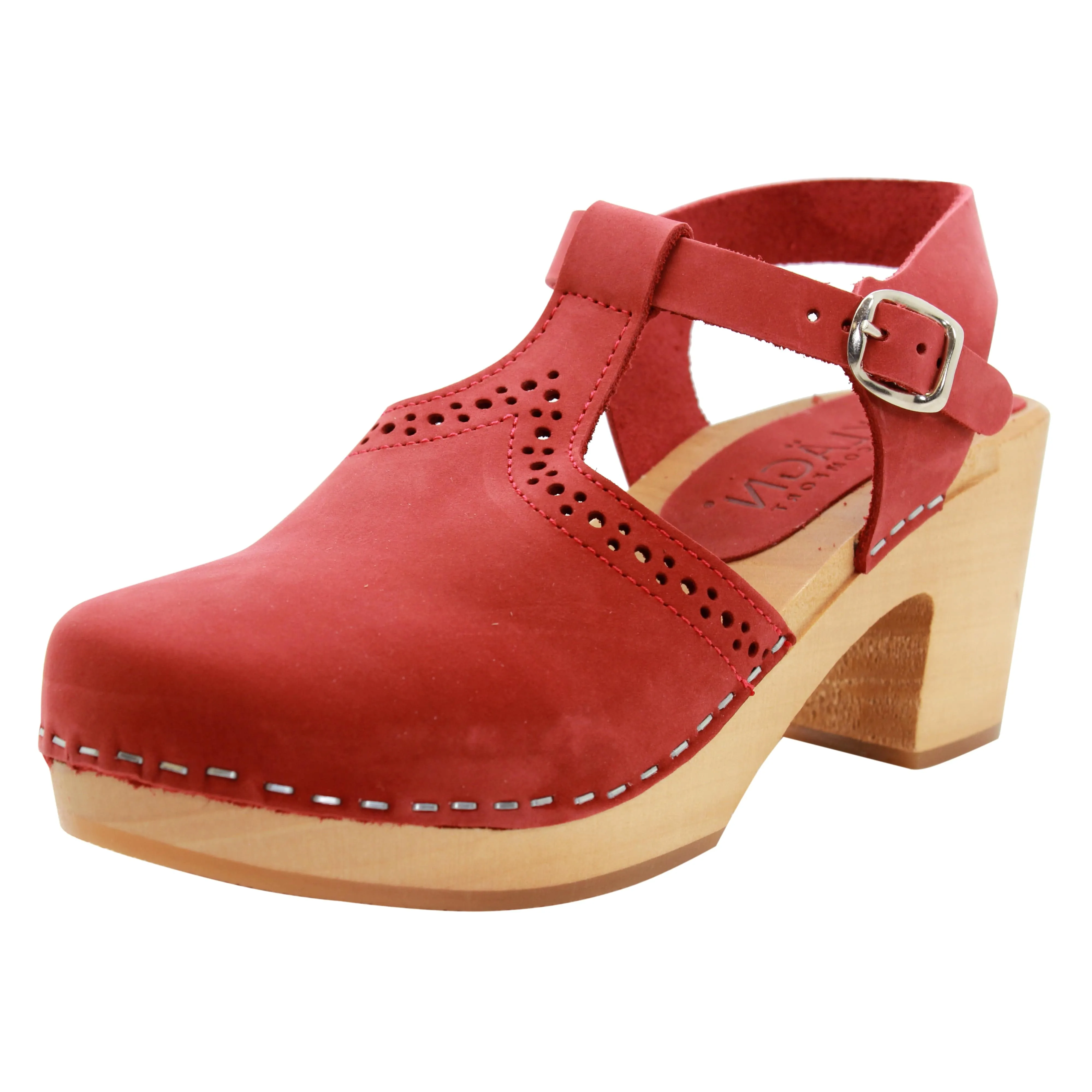 KLÄGN ANNELI Swedish Wooden Clogs in Red Nubuck - CLOSEOUT