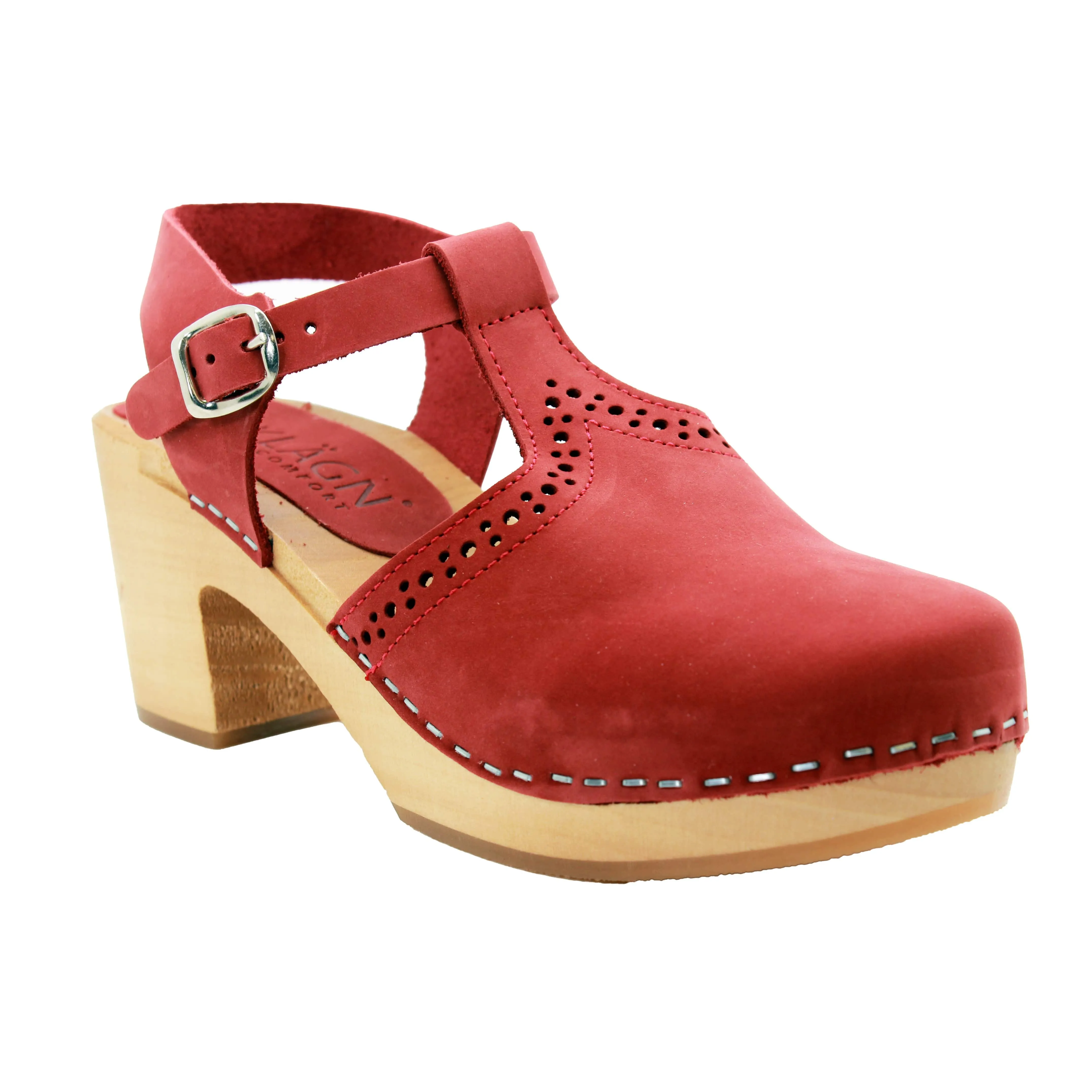 KLÄGN ANNELI Swedish Wooden Clogs in Red Nubuck - CLOSEOUT