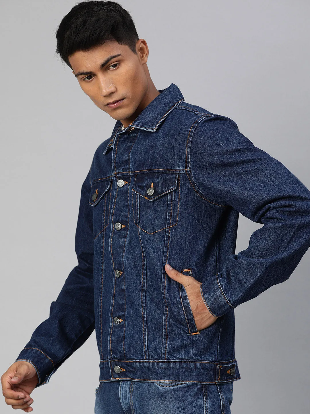 Men's Blue Solid Regular Denim Jacket