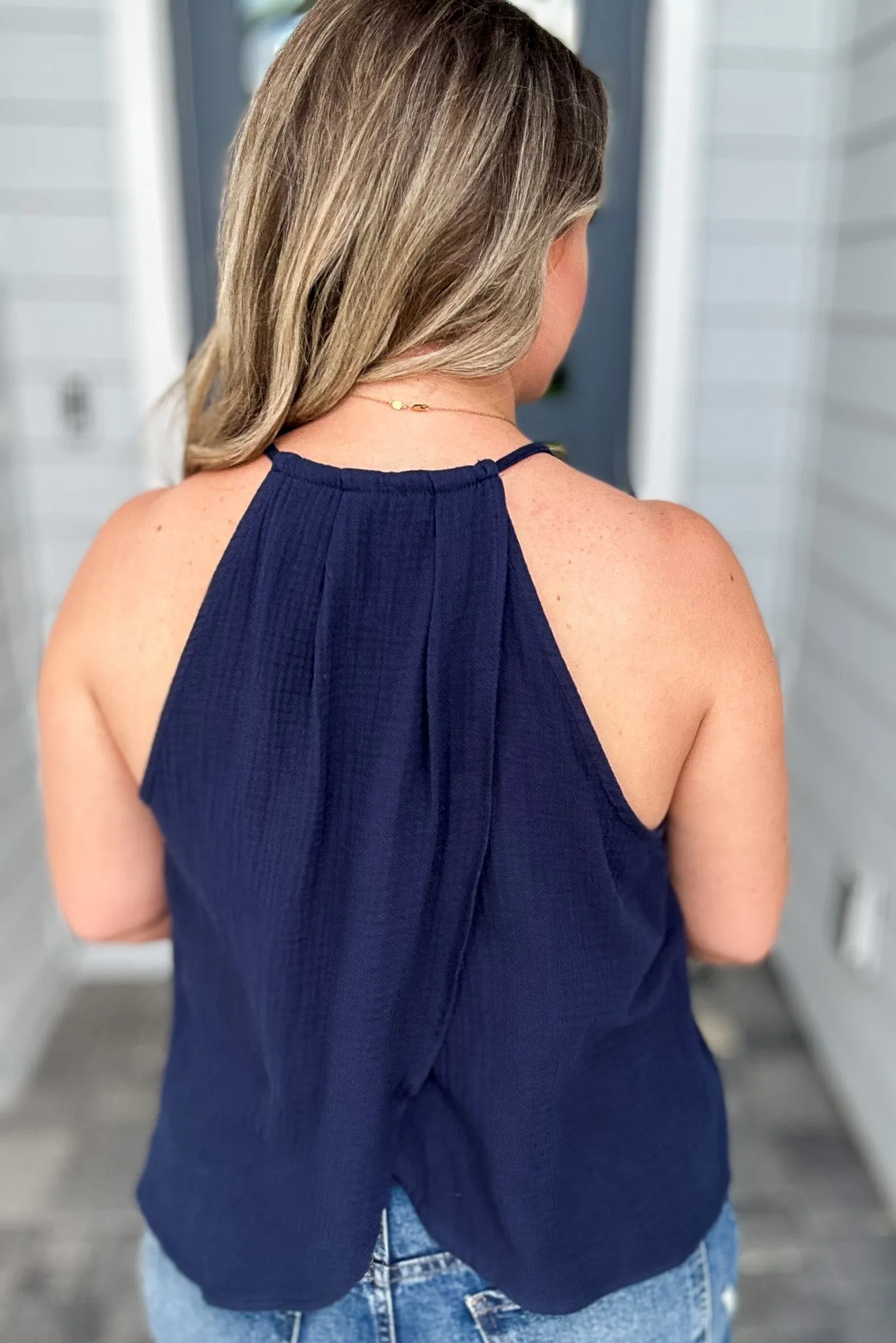 Navy Gauze Cross Back Tank