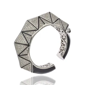 Sterling Silver Statement Cuff Bracelet with Black Enamel & White Zircon