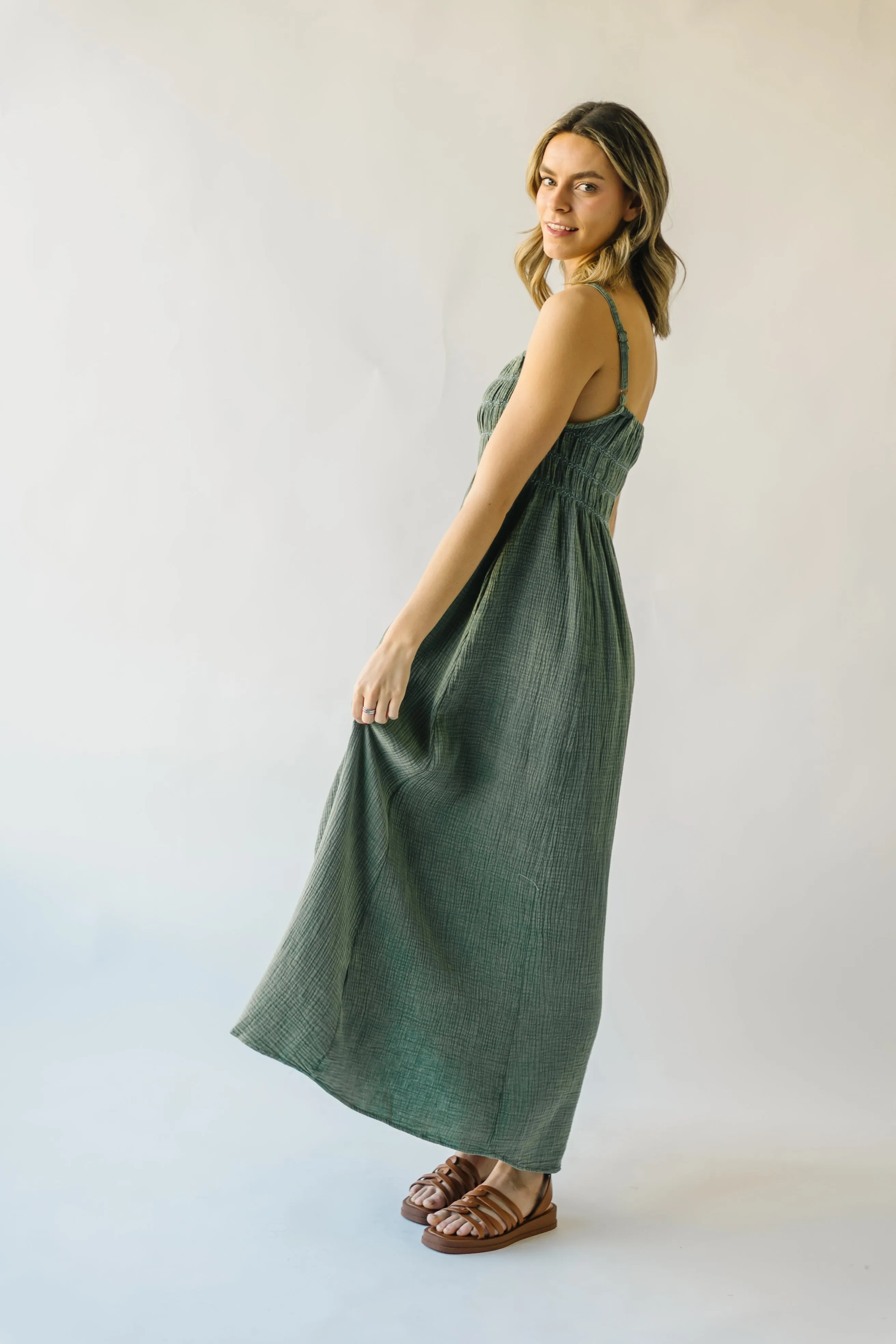 The Mansura Smocked Detail Dress in Sage