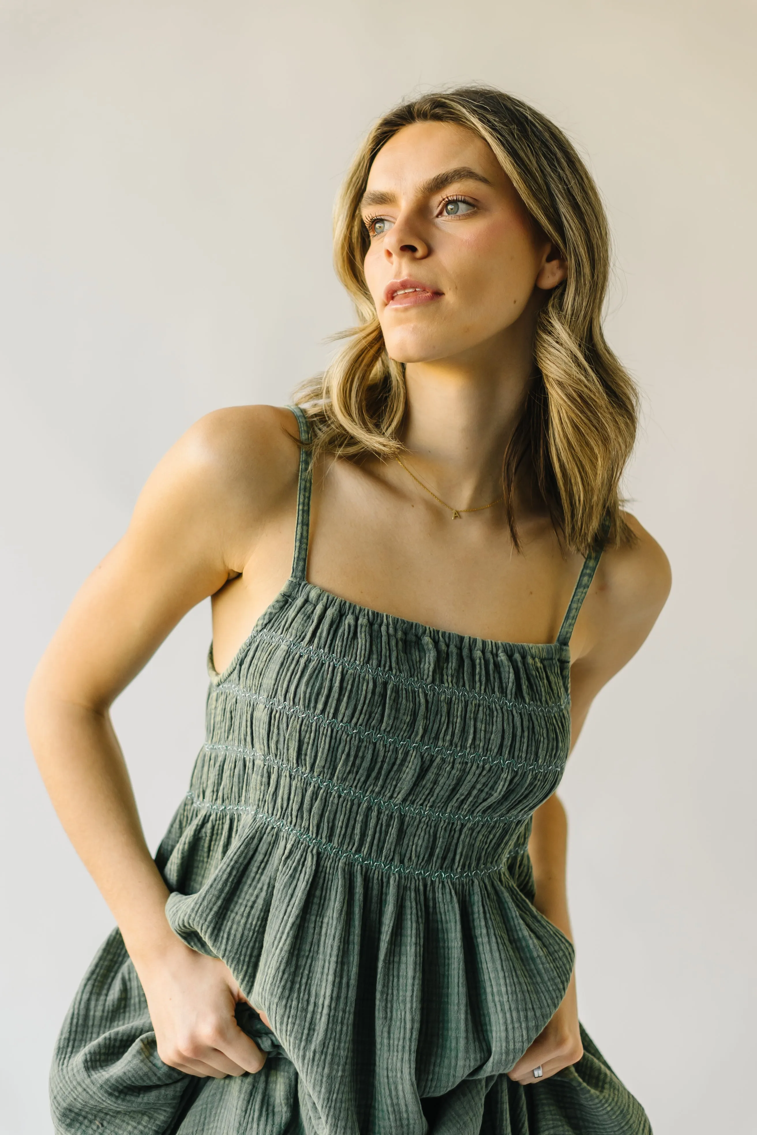 The Mansura Smocked Detail Dress in Sage