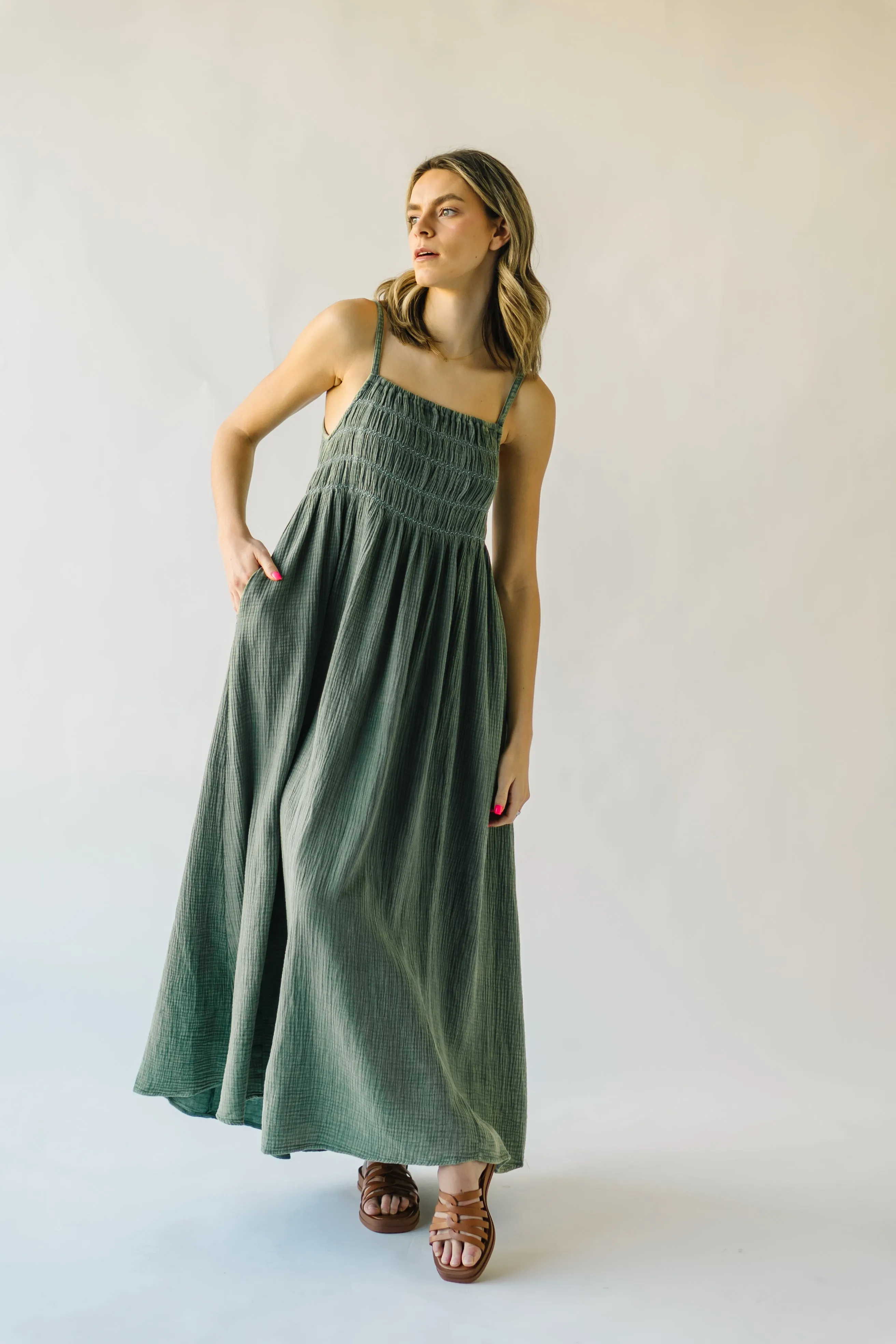 The Mansura Smocked Detail Dress in Sage