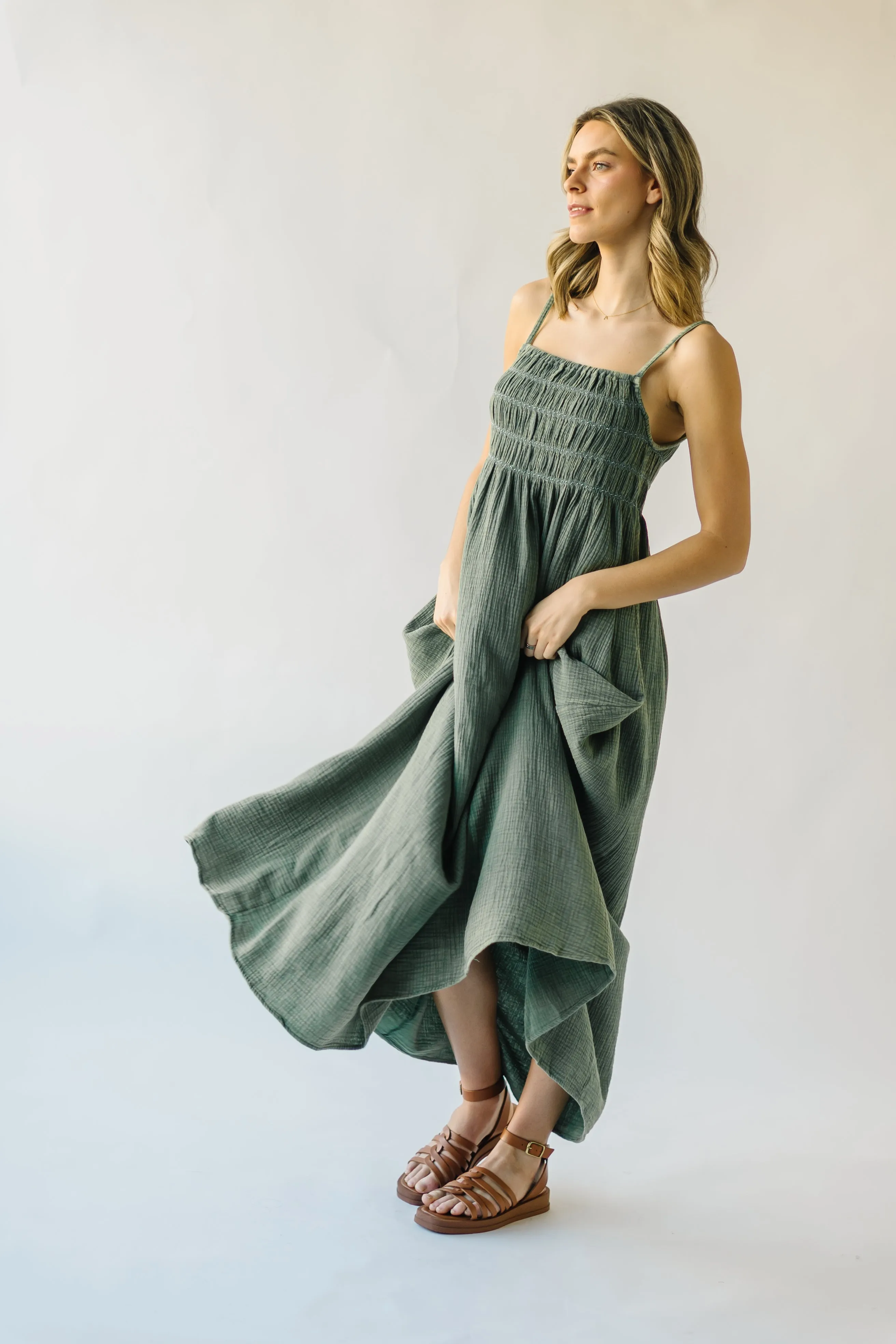 The Mansura Smocked Detail Dress in Sage