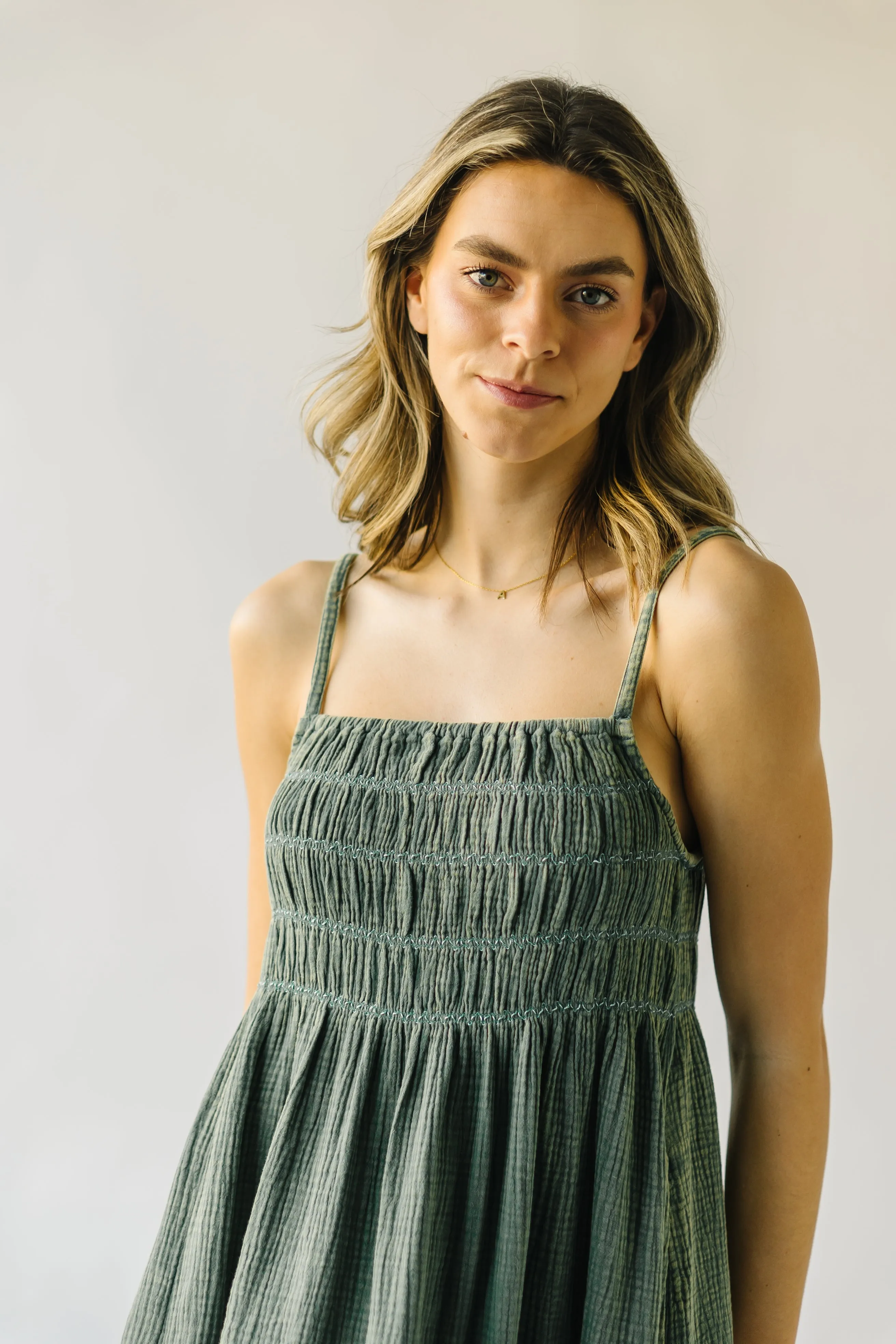 The Mansura Smocked Detail Dress in Sage