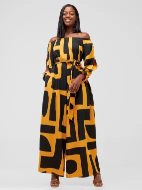 Vivo Yumi Off Shoulder Jumpsuit - Mustard Meza Print