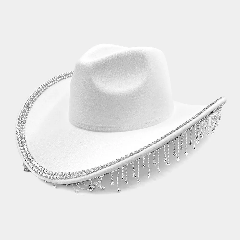 White Rhinestone Stone Paved Fringe Around Cowboy Western Hat